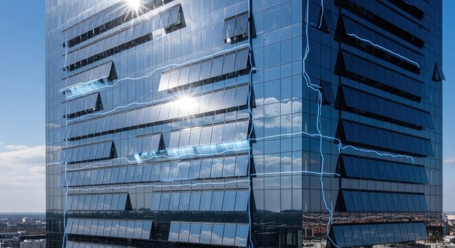 Modern glass skyscraper facade showing smart energy efficient ventilation windows with digital glowing schematic pathways.