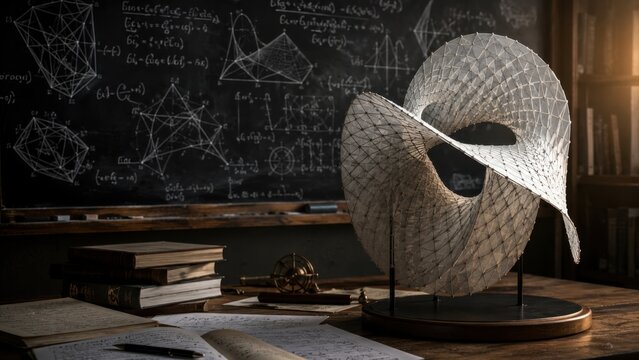 Geometric Topology Model on Desk with Blackboard Math Formulas. Concept of mathematics, geometry, geometric shape.