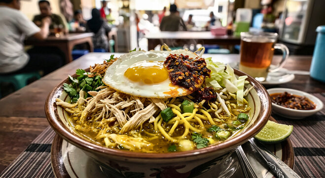   mie Soto dengan ayam suit dan telluride ceplok dan pedas