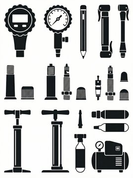 set of black silhouette icons of bicycle tire maintenance tools. digital and analog pressure gauge, hand and floor pump, valves, compressor. cycling gear graphic resources, web design.