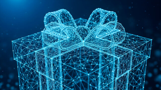 Digital Wireframe Gift Box Present Illustration Featuring Abstract Blue Polygonal Network Nodes and Geometric Connectivity Lines for Technology