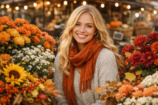 Smiling woman with orange scarf surrounded by autumn flowers and pumpkins at a farmers market for seasonal fall banner and floral display