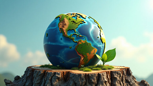 Planet Earth Made of Tree Bark with Green Shoot