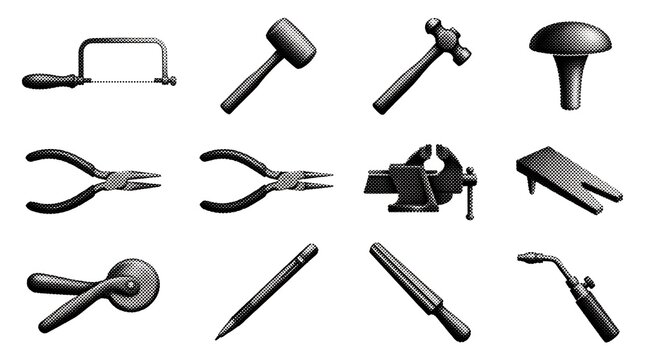 Goldsmith bench tools set featuring jeweler saw and dapping punches in classic stipple art style for creative workshop branding.