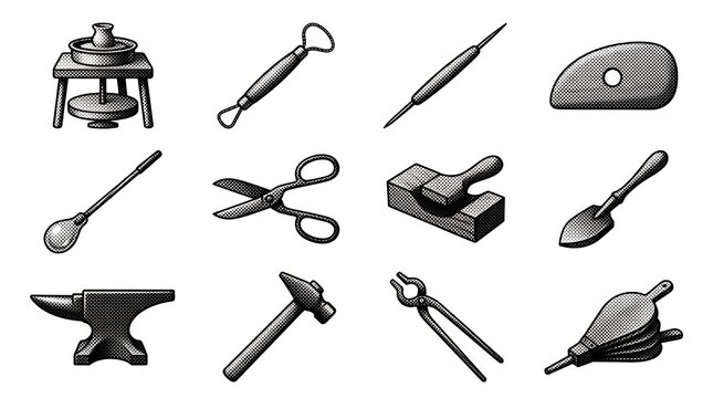 Pottery glassblowing and blacksmithing tool collection in halftone stippling style for craft education and heritage design.
