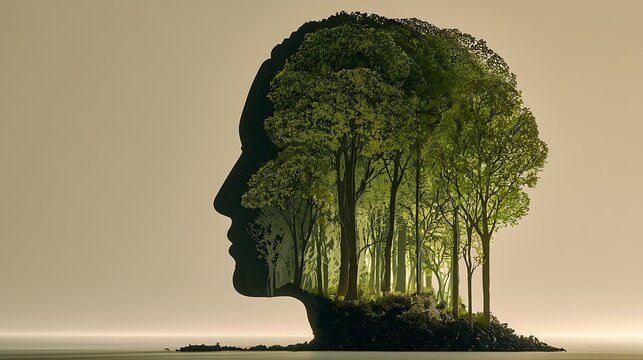 Prompt: A masterclass surreal minimalist double exposure portrait. Inside the clean silhouette of a side-profile head made of black cardstock, are layers of pristine green paper trees transitioning 