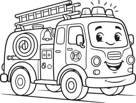 Cute Fire Truck Coloring Page &ndash; Smiling Cartoon Emergency Vehicle with Ladder Line Art
