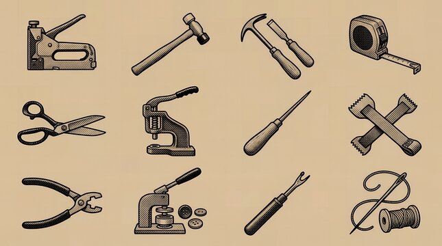 Set of vintage tools for leathercraft and tailoring with halftone aesthetic for craft projects.