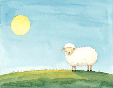 Cute white sheep on a green meadow with a round yellow sun in a clear blue sky, watercolour illustration
