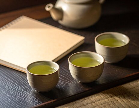 Two cups of green tea beside a closed cream notebook on a dark wooden table, Japanese family discussion still life