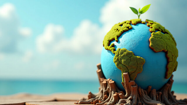 Planet Earth Made of Tree Bark with Green Shoot