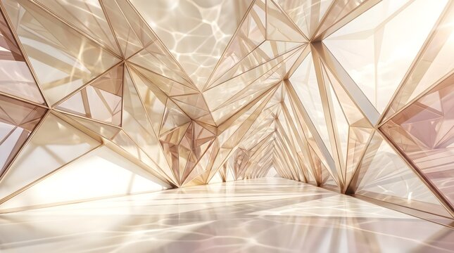Intricate architectural golden triangular polygon structure with natural sunlight shining through architecture structure triangle geometric sunlight
