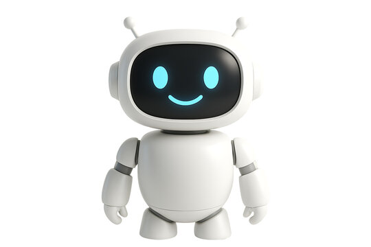 Cute white 3d robot character assistant with smiling glowing blue screen isolated on transparent background