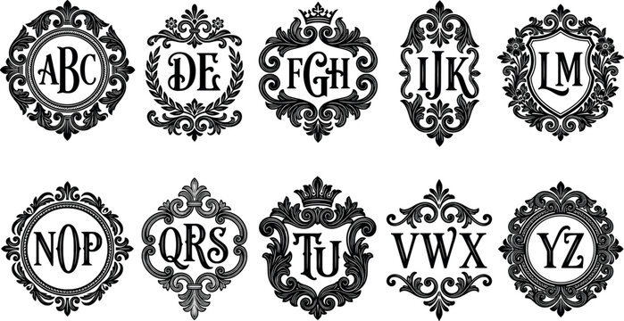 Set of vintage monogram frames with decorative floral and baroque elements vector illustration