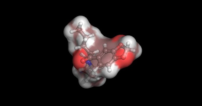 Methylenedioxypyrovalerone (commonly known as MDPV or bath salts), synthetic stimulant with powerful psychoactive properties, 3D molecule spinning, 4K