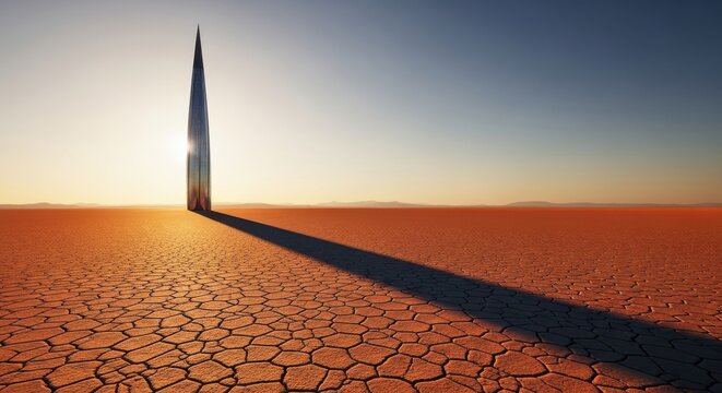 Futuristic single needle spire building standing tall in desolate cracked desert landscape under soft golden sunrise.