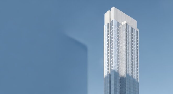 Minimalist modern skyscraper reaching into clear blue sky with sharp architectural lines for corporate business branding.