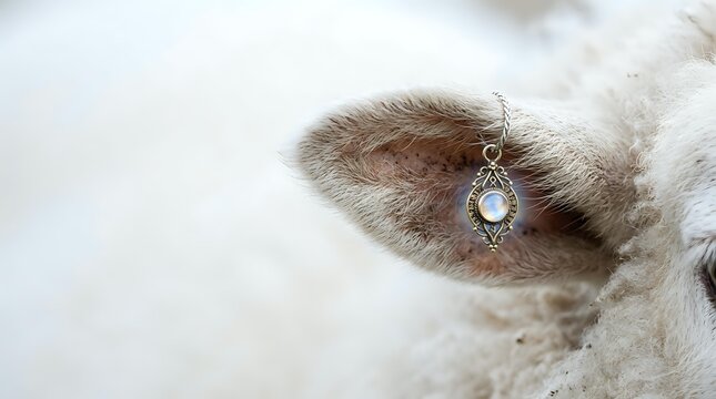 Close-up of a cat's eye with a jeweled earring, featuring feline