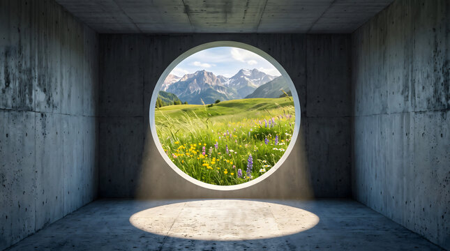 Minimalist concrete room featuring circular portal opening toward vibrant alpine meadow with distant mountain peaks with wildflowers beneath majestic