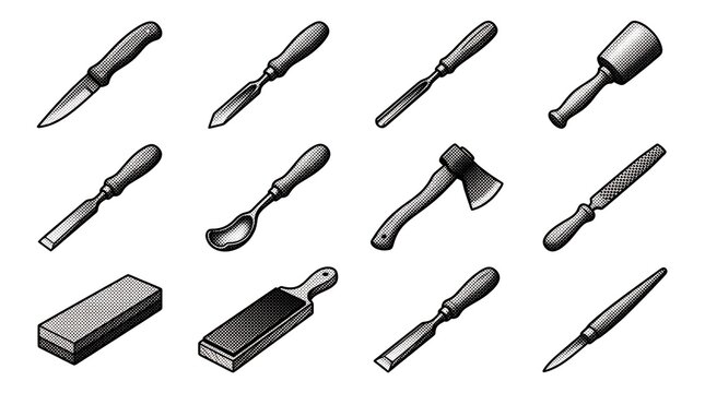 Woodcarving hand tools collection including gouges and mallet in monochrome halftone style.