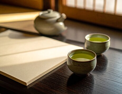 Cup of Japanese green tea with a closed notebook and teapot on a dark table, quiet planning still life with copy space