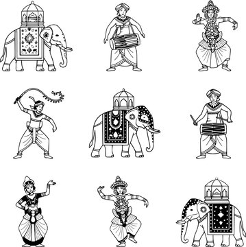 Sri Lankan traditional Esala Perahera culture vector set with Kandyan dancers, drummers, whip crackers, and decorated elephants