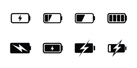 Battery charging vector icon set for power level and energy status © MdTaz