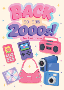 Colorful Y2K retro banner with nostalgic 2000s gadgets, fashion accessories, boombox, flip phone, camera, handbag and bold typography in flat vector style.