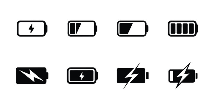 Battery charging vector icon set for power level and energy status