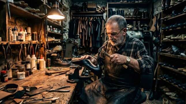 Experienced cobbler repairing shoe in traditional workshop