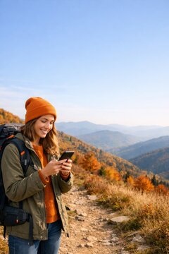 Smiling hiker woman with backpack using smartphone on mountain trail during autumn for travel banner and outdoor adventure background