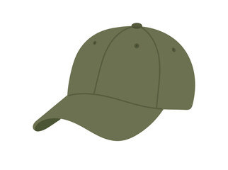 Fototapeta premium Simple flat vector illustration of an olive green baseball cap isolated on a white background. Classic sports hat icon for fashion, outdoor, apparel, and design.