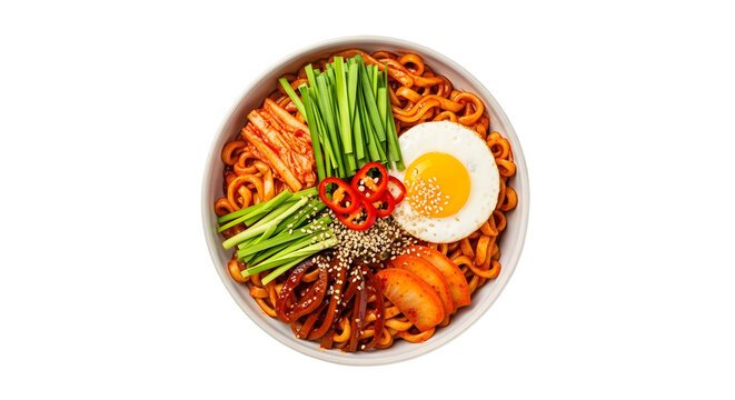 A vibrant and delicious bowl of korean ramen noodles with egg vegetables and spicy isolated on transparent background