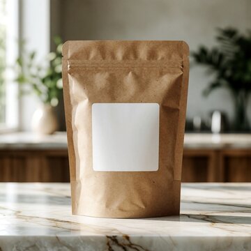 Brown kraft paper food pouch with blank white label sits on marble counter. Sustainable packaging for snacks or goods in minimal kitchen setting. Ready for branding customization.
