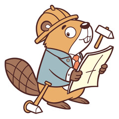 Cute cartoon beaver builder character wearing a hard hat and holding a construction blueprint © Hosen