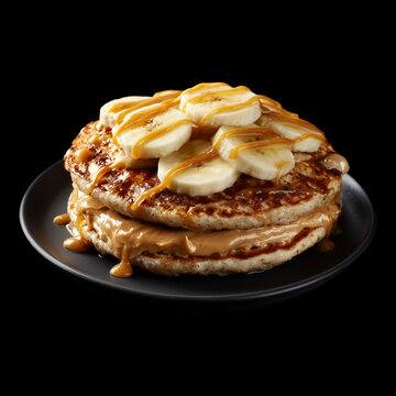 Stack of pancakes topped with banana slices and peanut butter splash isolated on black background