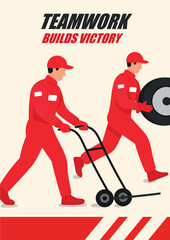 Fototapeta premium Teamwork and pit crew racing poster featuring mechanics moving a tire with a hand truck, promoting collaboration, speed, teamwork, competition, and victory in motorsport. Flat vector illustration