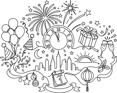 happy new year celebration festival one line art design 2027 new editable Celebration illustration with fireworks, clock showing january 1st, and festive party elements isolated on transparent backgro