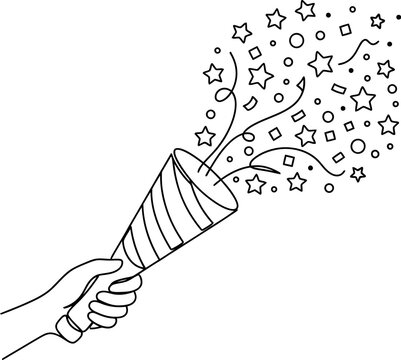 happy new year celebration festival one line art design 2027 new editable Person holding party noise maker with confetti stars bursting out isolated on transparent background, isolated on white backgr