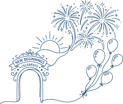 happy new year celebration festival one line art design 2027 new editable Celebration illustration of new beginnings with fireworks and balloons isolated on transparent background, isolated on white b