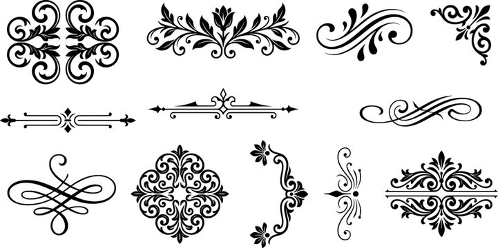Set of vintage decorative floral ornaments, calligraphic dividers, and flourishes for wedding invitation and page design