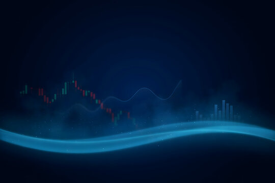 Financial trading chart with red and green candlestick patterns and glowing blue light waves on a dark background, for economic analysis