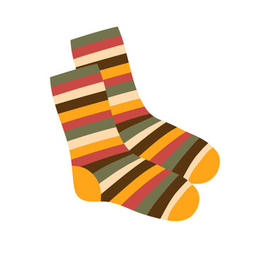 Cute pair of colorful striped socks in warm autumn tones, featuring olive green, orange, brown, cream and red horizontal patterns. Flat vector illustration isolated on white.