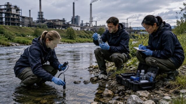 Environmental Scientists Testing River Water Quality Near Factory. Concept of environmental scientist, water pollution, ecologist, river sampling.