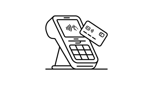 Outline vector icon of a contactless payment terminal processing a credit card transaction with pos terminal cashless payment line art pay pass wireless payment money transfer payment system