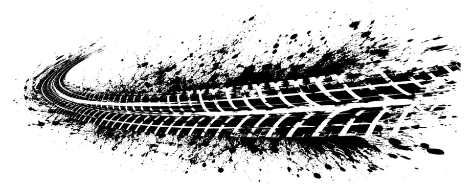 Grunge tire tread print banner with textured car wheel tracks, mud splatter, distressed rubber marks, racing drift trail and rough off road automotive design