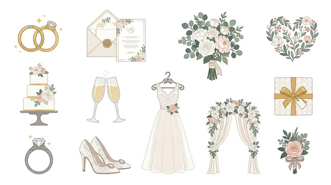 An elegant wedding element icon set vector design featuring wedding rings, invitation card, bridal bouquet, tiered cake, champagne glasses, bridal dress, floral arch, and wedding gift.