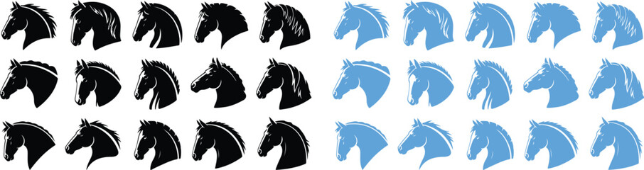 Fototapeta premium Collection of black and blue horse head silhouettes in profile facing left