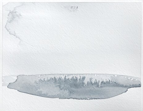 Soft grey ink wash on white watercolour paper with wide pale area above, calm monochrome abstract background