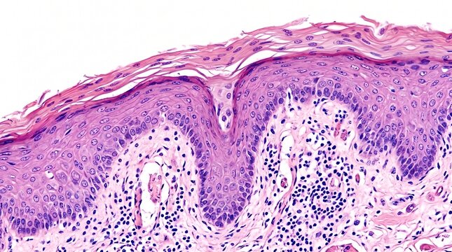 Microscopic view of psoriatic skin cells with detailed texture on a light background
